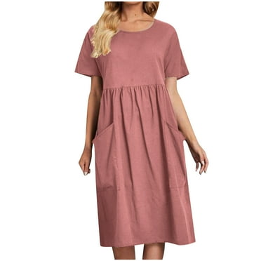 BLVB Women's Summer Short Sleeve Midi Dresses Casual Solid Color T-Shirt Dress Crewneck Beach Sundress with Pockets