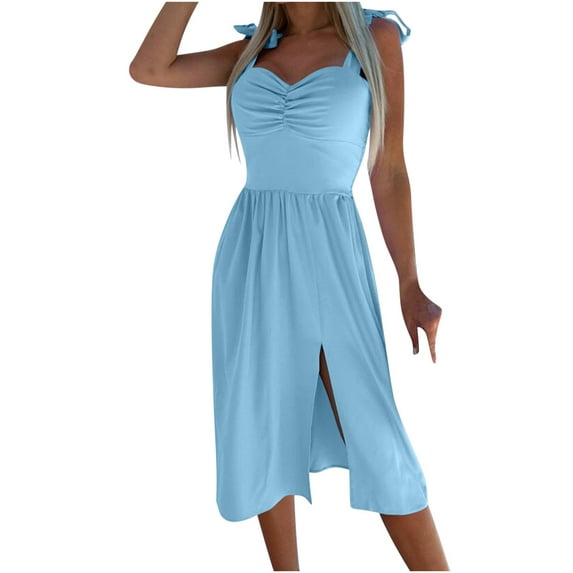 BLVB Women’s Summer Slip Dress Sweetheart Neckline Knot Strap Slit Sleeveless Elegant Midi Party Cocktail Dress