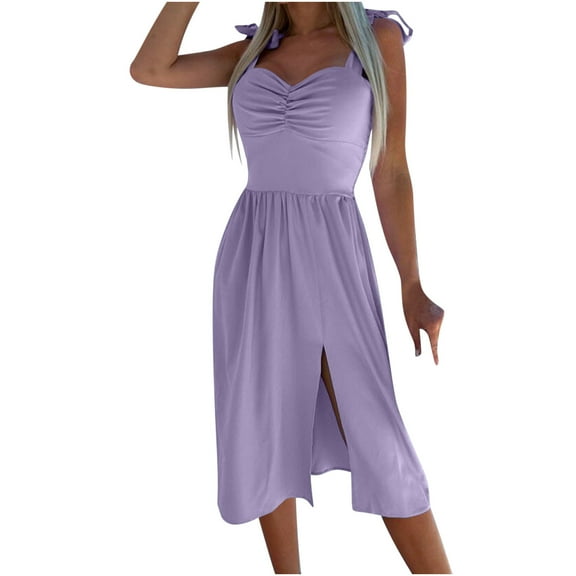 BLVB Women’s Summer Slip Dress Sweetheart Neckline Knot Strap Slit Sleeveless Elegant Midi Party Cocktail Dress