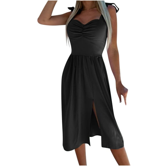 BLVB Women’s Summer Slip Dress Sweetheart Neckline Knot Strap Slit Sleeveless Elegant Midi Party Cocktail Dress