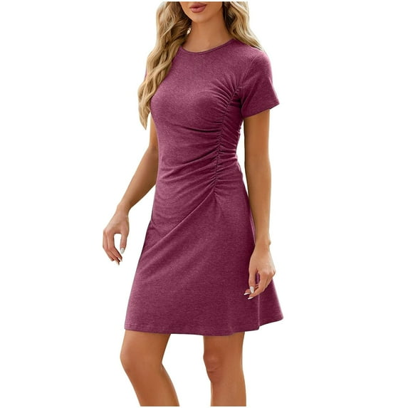 BLVB Women's Summer T Shirt Dresses Crewneck Side Ruched Short Sleeve Solid Color Casual Slim Mini Dress