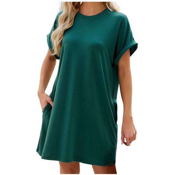 BLVB Women's Summer T Shirt Dresses Solid Color Crew Neck Short Sleeve Casual Loose Mini Sundress with Pockets