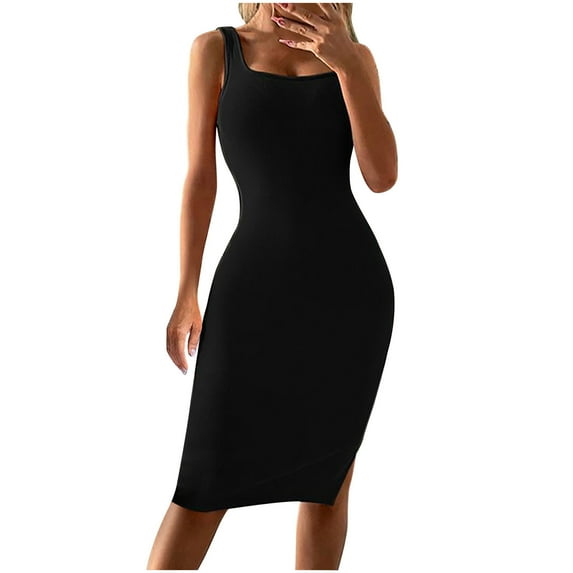BLVB Women's Summer Tight Dress Square Neck Sleeveless Midi Tank Sundress Side Slit Club Party Dresses