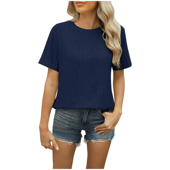 BLVB Women's Summer Tops Casual Crewneck Short Sleeve Shirts Lightweight Texture Tee Top Back Button down Blouses