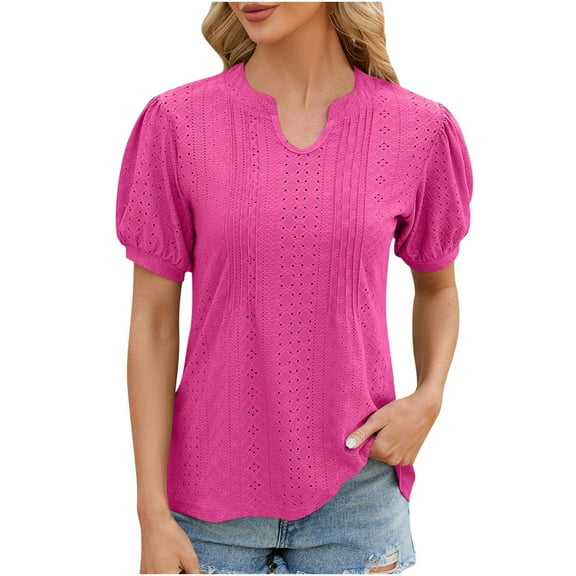 BLVB Women's Summer Tops Dressy V Neck Short Sleeve Eyelet Shirts Casual Solid Color Going out Blouses