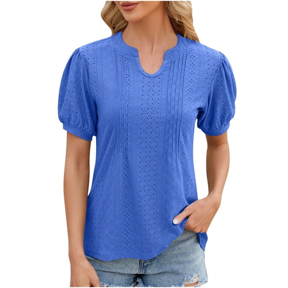 BLVB Women's Summer Tops Dressy V Neck Short Sleeve Eyelet Shirts Casual Solid Color Going out Blouses