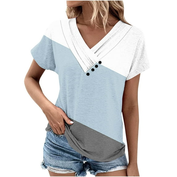 BLVB Women's Summer Tops Dressy Casual V Neck Button Short Sleeve Shirts Color Block Going out Tunic Blouses