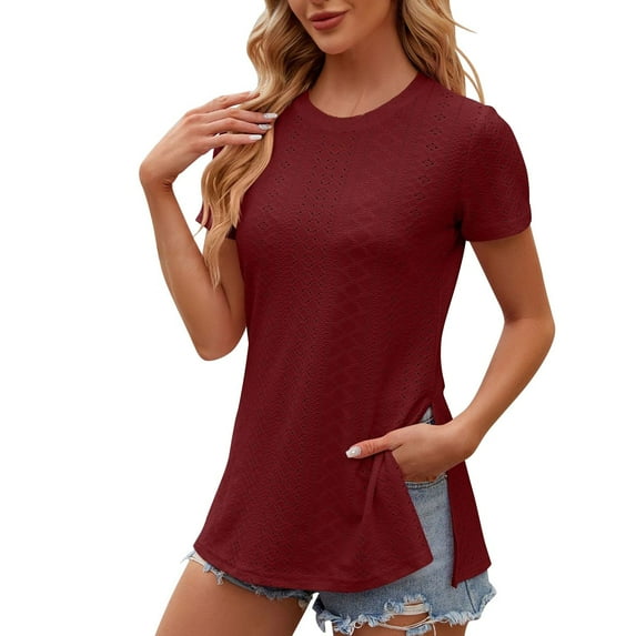 BLVB Women's Summer Tunic Tops Trendy Crewneck Short Sleeve Eyelet Shirts Casual Split Solid Color Dressy Blouse Tee