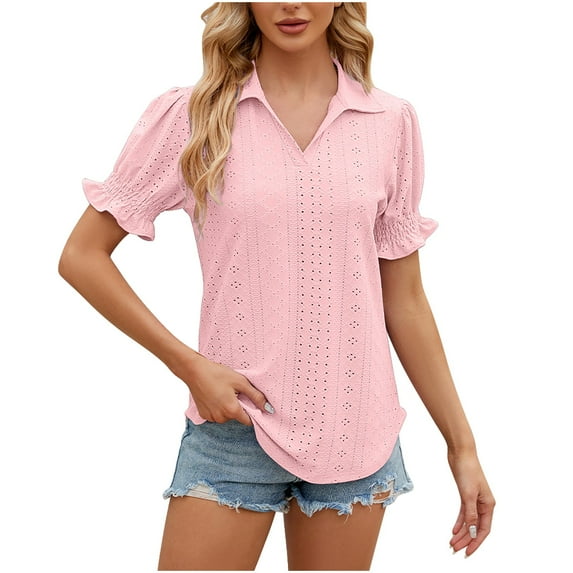 BLVB Women's Summer Tunic Tops Trendy Lapel V Neck Short Sleeve Eyelet Shirts Casual Solid Color Dressy Blouse Tee