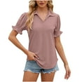 thumbnail image 1 of BLVB Women's Summer Tunic Tops Trendy Lapel V Neck Short Sleeve Eyelet Shirts Casual Solid Color Dressy Blouse Tee, 1 of 4