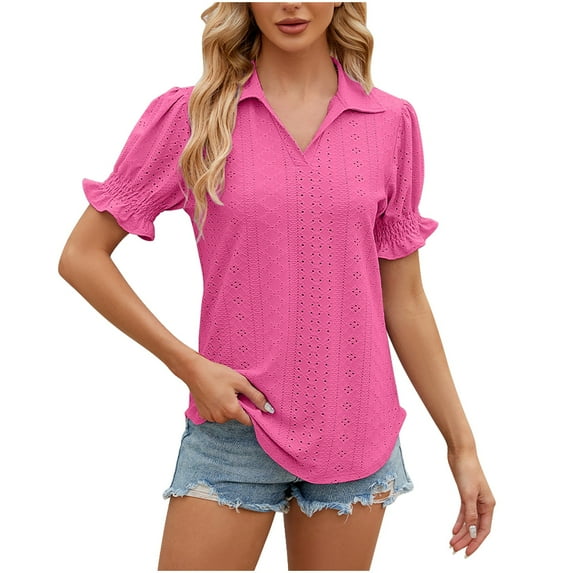 BLVB Women's Summer Tunic Tops Trendy Lapel V Neck Short Sleeve Eyelet Shirts Casual Solid Color Dressy Blouse Tee