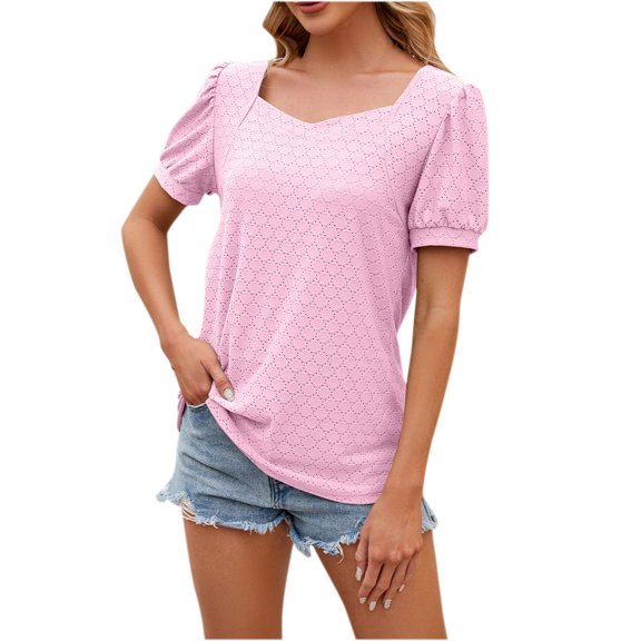 BLVB Women's Summer Tunic Tops Trendy Square Neck Short Sleeve Dressy Blouse Casual Solid Color Going out Shirts