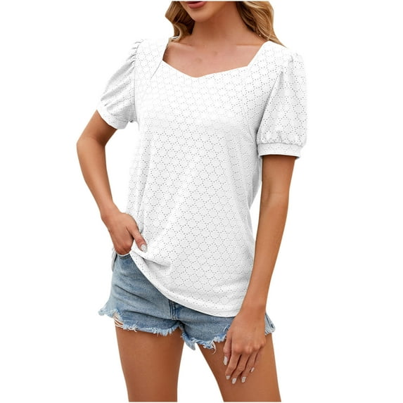 BLVB Women's Summer Tunic Tops Trendy Square Neck Short Sleeve Dressy Blouse Casual Solid Color Going out Shirts