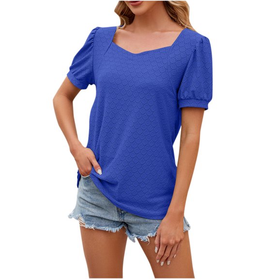 BLVB Women's Summer Tunic Tops Trendy Square Neck Short Sleeve Dressy Blouse Casual Solid Color Going out Shirts