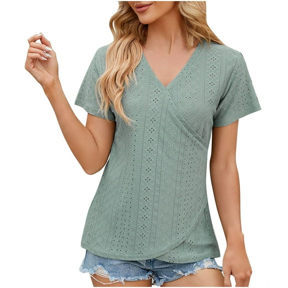BLVB Women's Summer Tunic Tops Trendy V Neck Short Sleeve Eyelet Shirts Casual Solid Color Going out Dressy Blouse