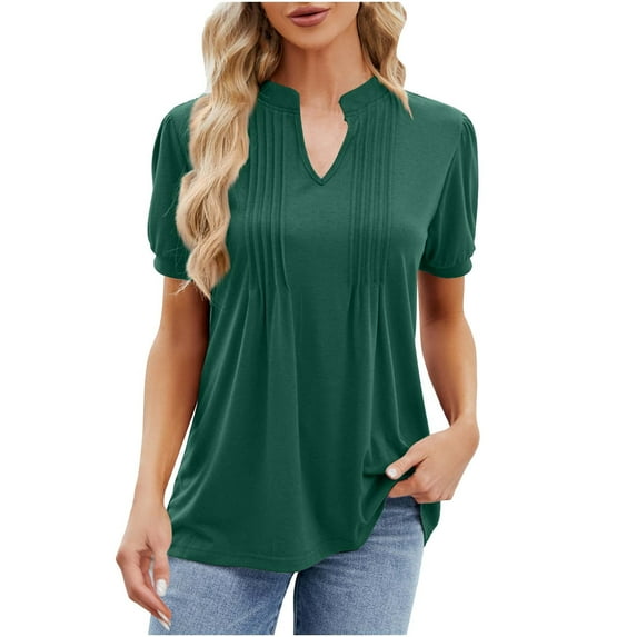 BLVB Women's Summer Tunic Tops V Neck Pleated Short Sleeve T-Shirts Casual Solid Color Going out Dressy Blouses Tee