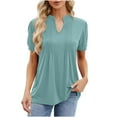 thumbnail image 1 of BLVB Women's Summer Tunic Tops V Neck Pleated Short Sleeve T-Shirts Casual Solid Color Going out Dressy Blouses Tee, 1 of 3