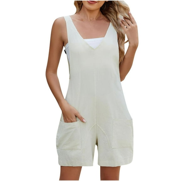 BLVB Women's Summer V Neck Tank Top Romper Sleeveless Loose Casual Wide Leg Shorts Jumpsuit Overalls with Pockets Clothes