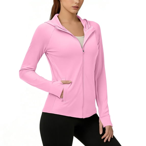 BLVB Women's Sun Protection Hoodie Jacket Long Sleeve Athletic Running Hiking Full Zip Workout Shirts with Pockets