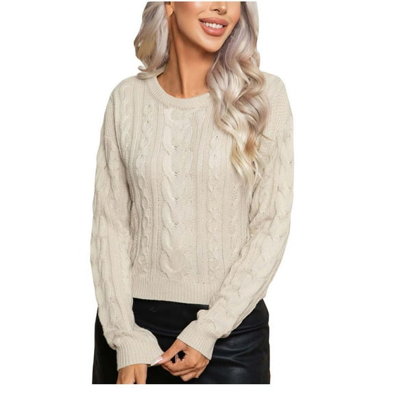 BLVB Women's Sweaters Round Neck Long Sleeve Cable Knit Pullover Jumper Tops Fall Winter Clothes