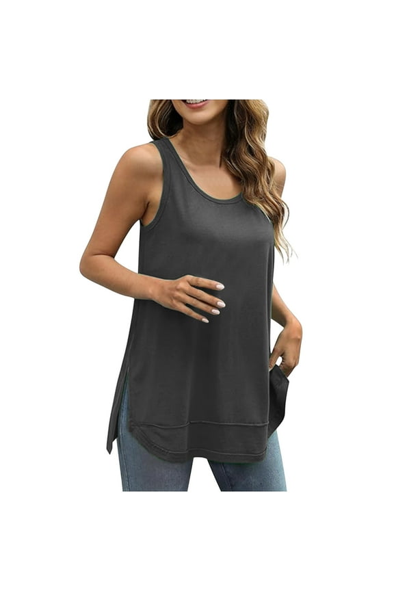 Women's Tank Tops Loose Crew Neck Sleeveless Summer Top for Women Side Split Tunic Cami Shirts