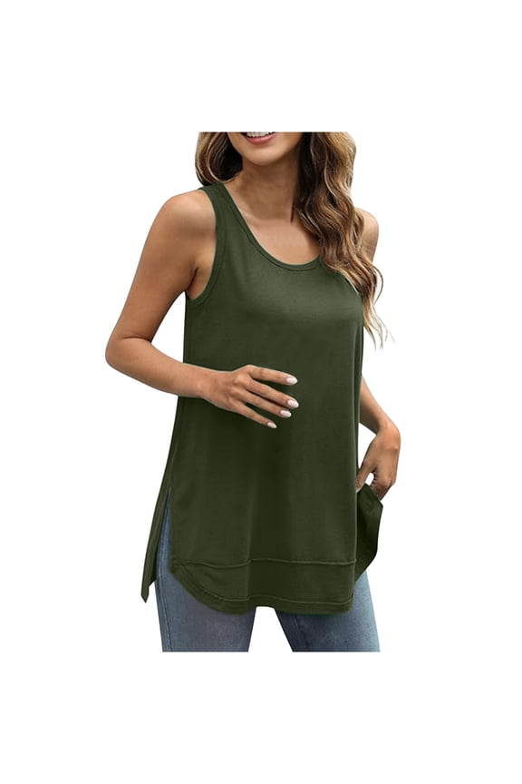 Women's Tank Tops Loose Crew Neck Sleeveless Summer Top for Women Side Split Tunic Cami Shirts