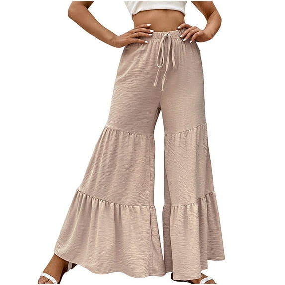 BLVB Women's Tiered Palazzo Pants Flowy Elastic High Waisted Wide Leg Beach Pants Summer Boho Ruffle Lounge Trousers