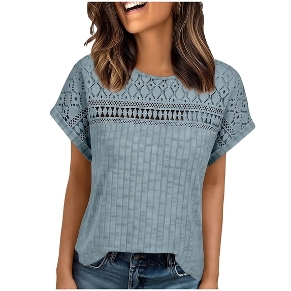 BLVB Women's Tops Casual Crewneck Short Sleeve Ribbed Knit Hollow out Shirts Loose Summer Fashion Tunic Tops Blouses