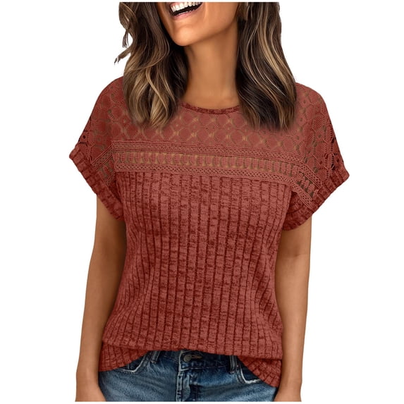 BLVB Women's Tops Casual Crewneck Short Sleeve Ribbed Knit Hollow out Shirts Loose Summer Fashion Tunic Tops Blouses