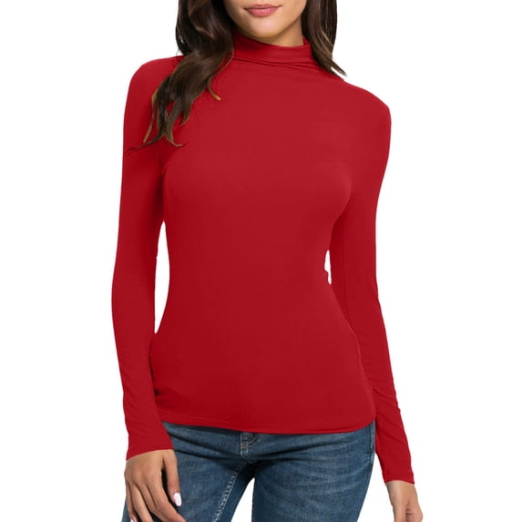 BLVB Women's Turtleneck Long Sleeve Undershirt Casual Slim Fitted Basic Tee Stretch Solid Color Pullover Layering Tops