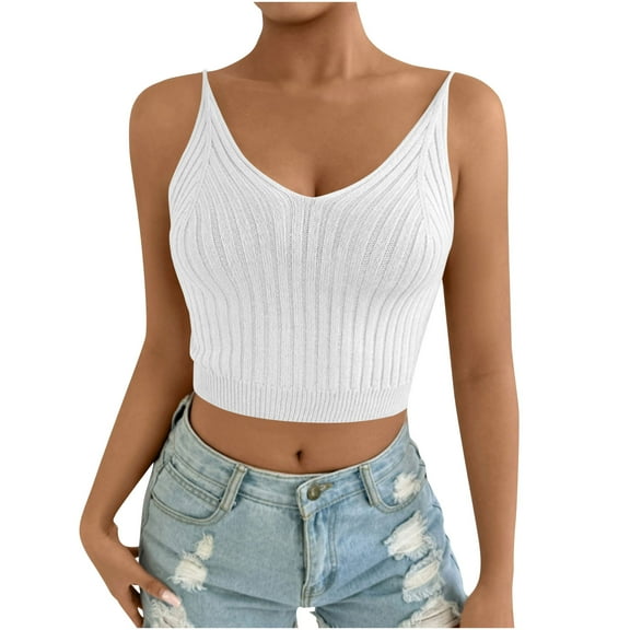 BLVB Women's V Neck Crop Cami Top Ribbed Knit Spaghetti Strap Sleeveless Vest Fitted Casual Sweater Cami Shirts Summer Tank Tops for Women