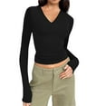 thumbnail image 1 of BLVB Women's V Neck Long Sleeve Pullover Undershirt Casual Slim Fit Basic Tee Ladies Solid Color Layering Tops, 1 of 5