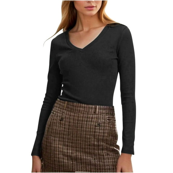 BLVB Women's V Neck Long Sleeve Tops Casual Slim Fit Basic T-Shirts Going out Fall Spring Layer Tops Tight