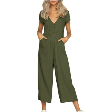 Women's Summer Romper - Short Sleeve Jumpsuit With Drawstring Waist & Pockets