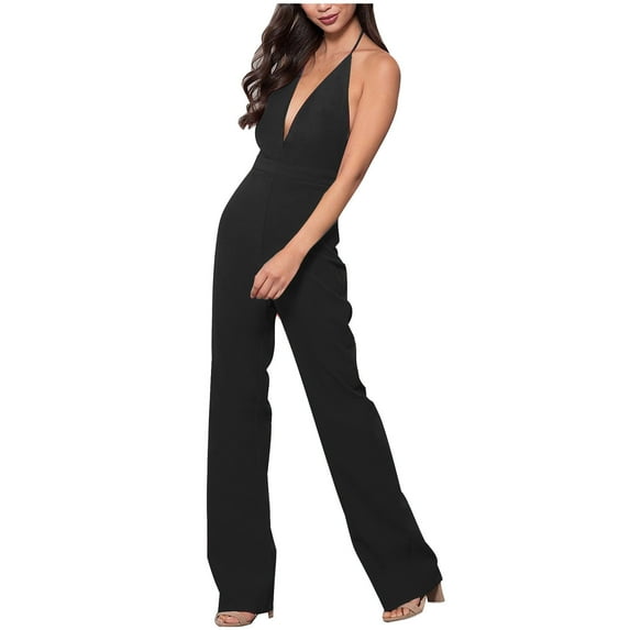 BLVB Women's V Neck Sleeveless Tied Backless Long Wide Leg Pant Outfits Jumpsuit Elegant Cocktail Party Romper Black