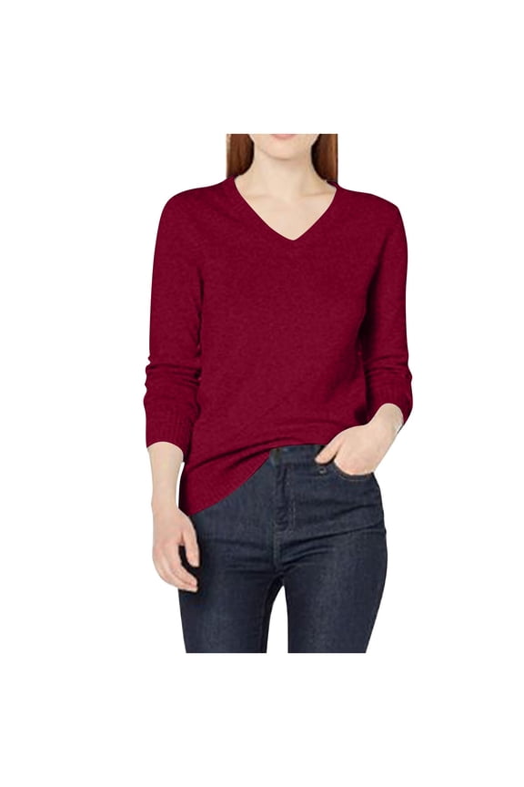 Women's V Neck Sweater Long Sleeve Soft Lightweight Tops Casual Solid Color Pullover Loose Knit Classic Sweaters