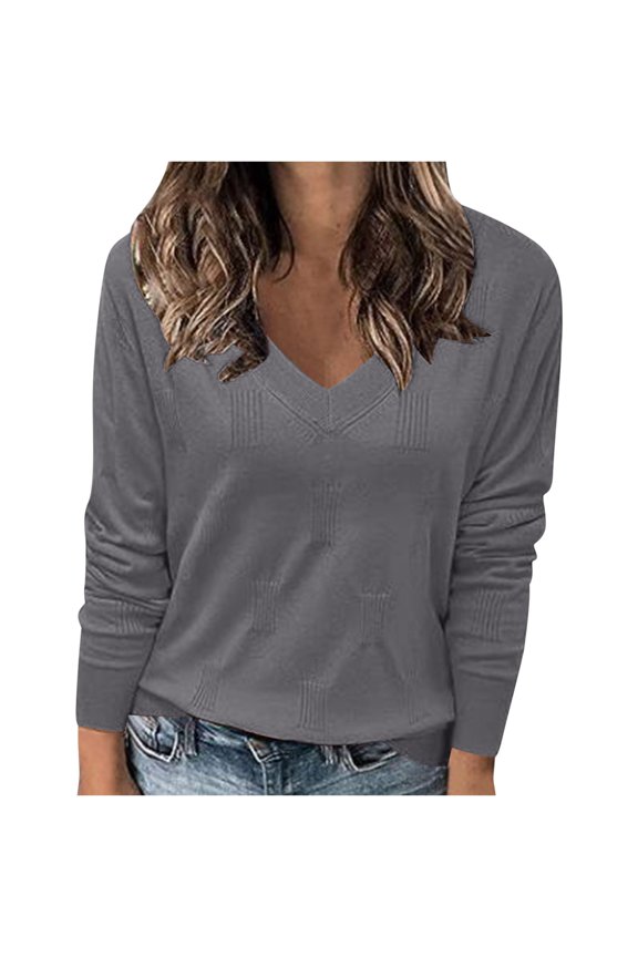 Women's V Neck Sweaters Casual Soft Long Sleeve Ribbed Knit Fall Pullover Jumper Tops