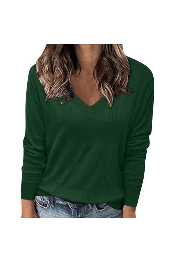 Women's V Neck Sweaters Casual Soft Long Sleeve Ribbed Knit Fall Pullover Jumper Tops