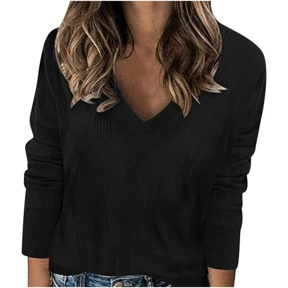 BLVB Women's V Neck Sweaters Casual Soft Long Sleeve Ribbed Knit Fall Pullover Jumper Tops