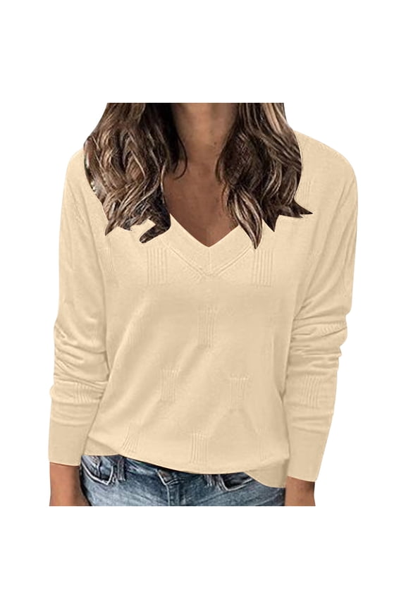 Women's V Neck Sweaters Casual Soft Long Sleeve Ribbed Knit Fall Pullover Jumper Tops
