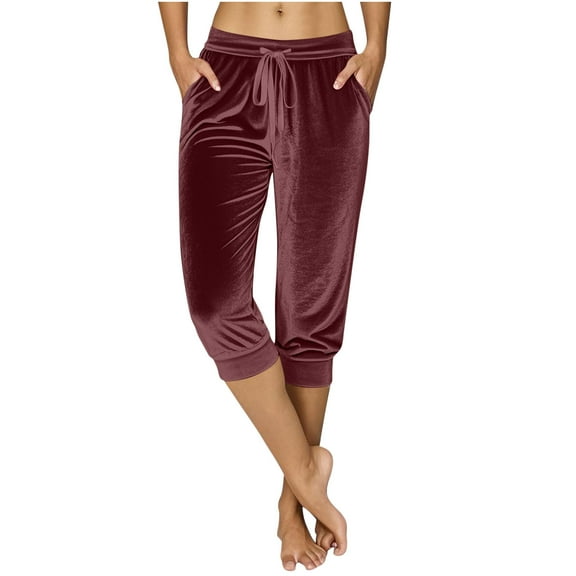 BLVB Women's Velour Capri Pants Soft Velvet Joggers Cozy Cinch Bottom Casual Lounge Cropped Pants with Pockets