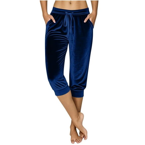 BLVB Women's Velour Capri Pants Soft Velvet Joggers Cozy Cinch Bottom Casual Lounge Cropped Pants with Pockets