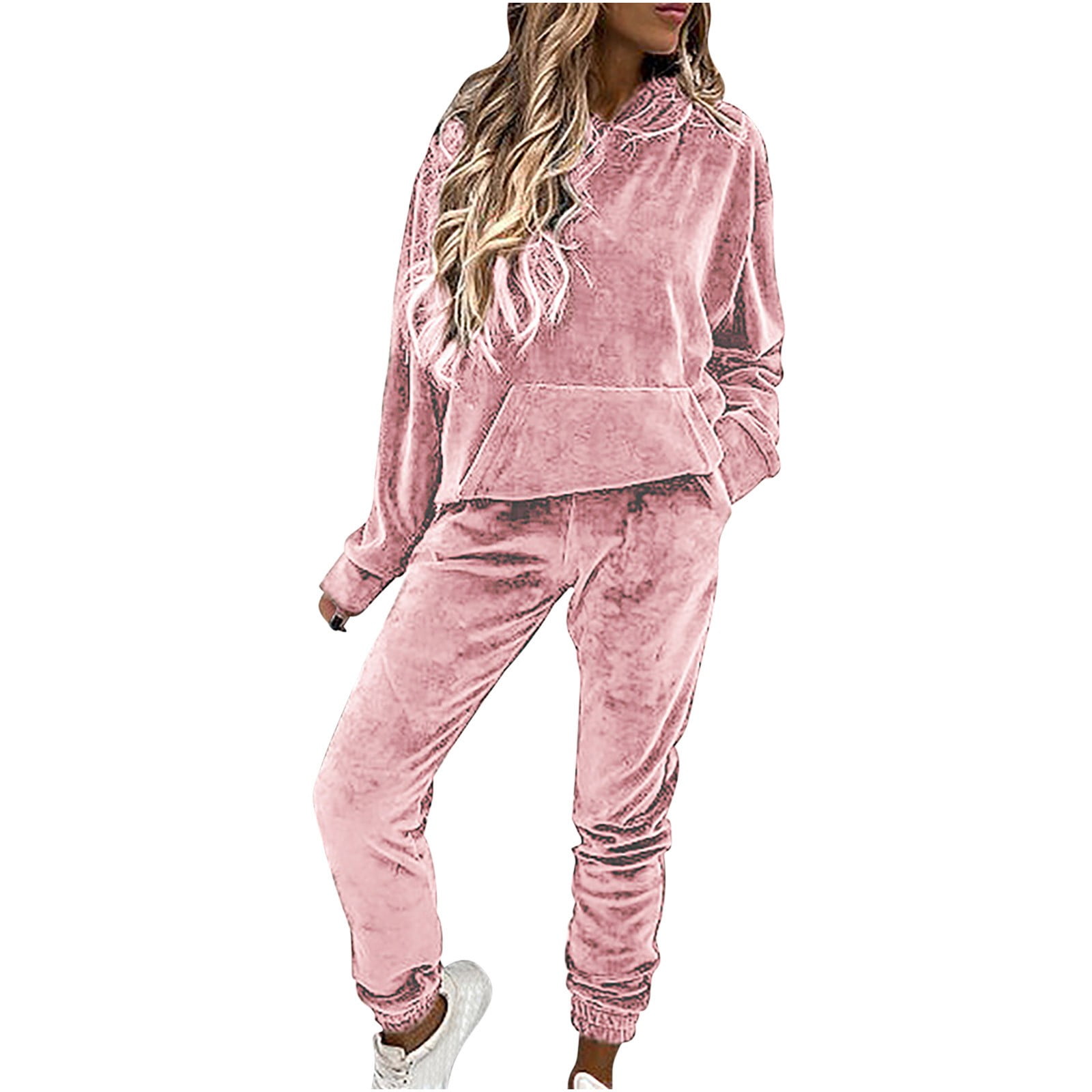 BLVB Women's Velour Tracksuits Set Hooded Pullover Sweatpants Long