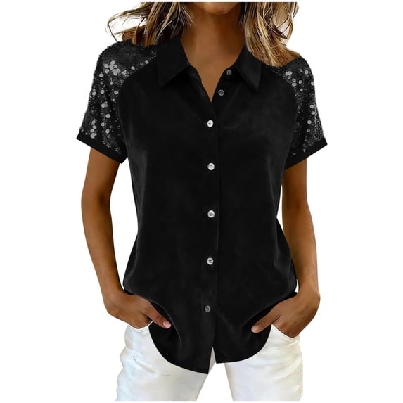 BLVB Women's Velvet Button down Shirts Sequin Splicing Short Sleeve Tops Casual Fashion Collared Shirts for Party Club