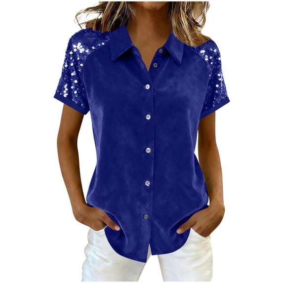 BLVB Women's Velvet Button down Shirts Sequin Splicing Short Sleeve Tops Casual Fashion Collared Shirts for Party Club