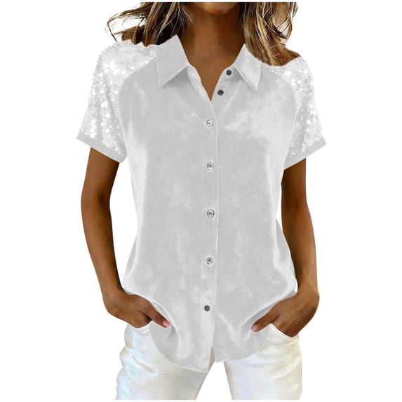 BLVB Women's Velvet Button down Shirts Sequin Splicing Short Sleeve Tops Casual Fashion Collared Shirts for Party Club