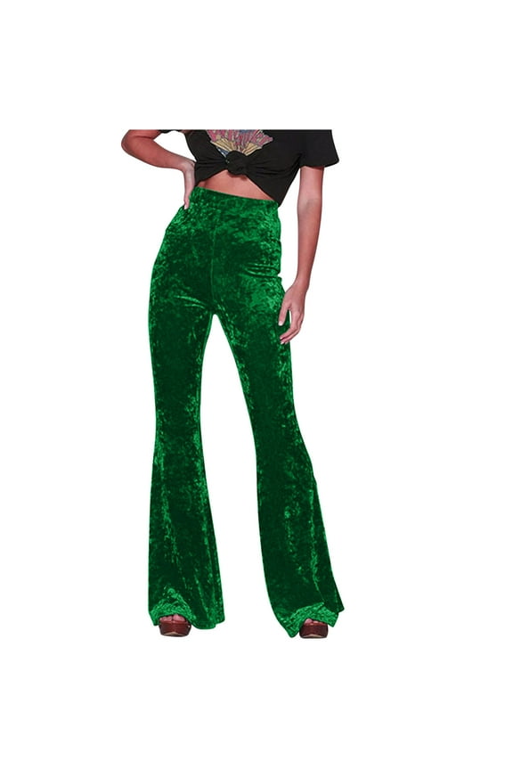 Women's Velvet Elastic Waist Flare Leg Palazzo Long Pants Casual Stretch Velour Bell Bottom Trousers for Fall Winter Green 1