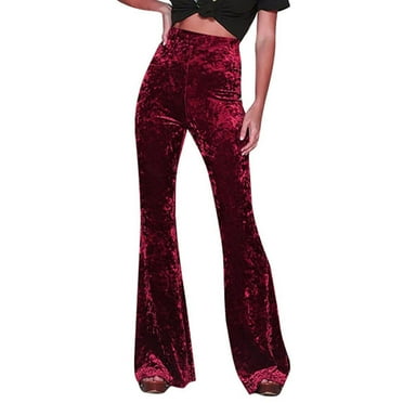 BLVB Women's Velvet Elastic Waist Flare Leg Palazzo Long Pants Casual Stretch Velour Bell Bottom Trousers for Fall Winter Red