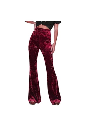 Women's Velvet Elastic Waist Flare Leg Palazzo Long Pants Casual Stretch Velour Bell Bottom Trousers for Fall Winter Red