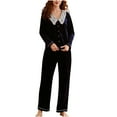 thumbnail image 1 of BLVB Women's Velvet Pajamas 2 Piece Outfits V Neck Lace Long Sleeve Button down Tops and Pants Lounge Sets Sleepwear, 1 of 7
